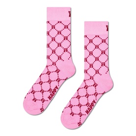 Happy Socks pink crew socks with dark pink repeating circular monogram pattern, mid-calf length, shown as a pair