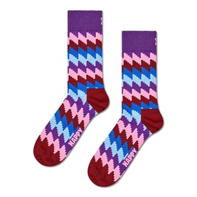 Happy Socks crew socks in purple, pink, blue and red with zigzag chevron pattern, shown as a pair on white background