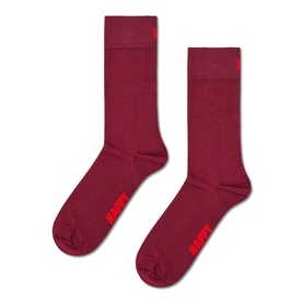 Happy Socks solid dark red crew socks with tonal red logo branding at ankle, shown as a pair