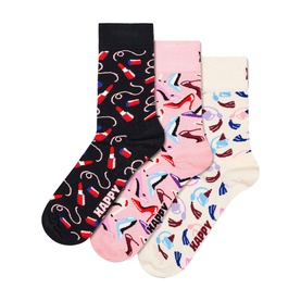 Happy Socks 3-pack gift set in black, pink and cream with lipstick, high heel and cupcake print designs.