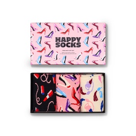 Happy Socks Pink Party Gift Set box containing 3 pairs of socks with high heel and beauty-themed prints in black, pink and multi