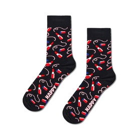 Happy Socks black crew socks with all-over red and white lipstick and swirl print, shown as a flat lay pair