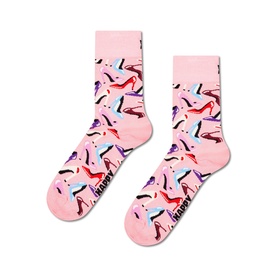 Happy Socks Black Multi crew socks with colourful high heel shoe print on pink base, shown as a pair flat lay
