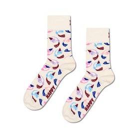 Happy Socks crew socks in cream with multicoloured cupcake and donut pattern, Happy branding visible on cuff
