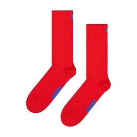 Happy Socks red crew-length socks with blue logo tab, displayed as a pair on a white background.