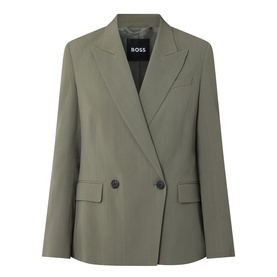 Hugo Boss blazer in khaki green, double-breasted with notched lapels, flap pockets, and dark buttons. 97% viscose.