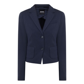 BOSS navy blue cropped blazer jacket with notch lapels, two-button fastening, and patch pockets