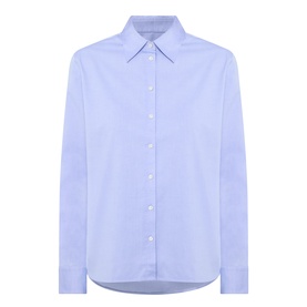 Hugo Boss light pastel purple cotton blouse with classic collar, long sleeves, and button-front placket