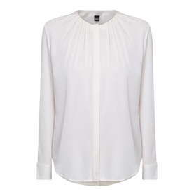 Hugo Boss optic white silk blouse with pleated mandarin collar, concealed button placket, and long sleeves with buttoned cuffs