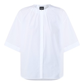 Hugo Boss white cotton blouse with gathered neckline, concealed front placket and short rolled sleeves