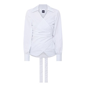 Hugo Boss light purple striped cotton wrap blouse with long sleeves, tie waist detail, and V-neckline