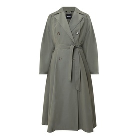 BOSS sage green double-breasted longline trench coat with tie belt and flared skirt