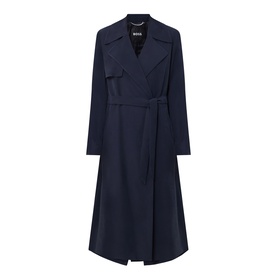Hugo Boss dark blue viscose trench coat with wide lapels, belted waist, and flared silhouette