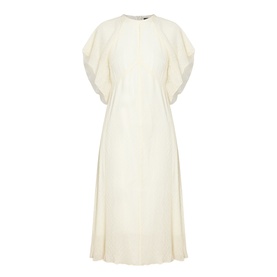 Hugo Boss Optic Beige midi dress with puffed short sleeves, pleated skirt, and round neckline, no model