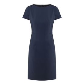 Hugo Boss dark blue wool dress with boat neckline, short sleeves, and fitted shift silhouette with side pockets