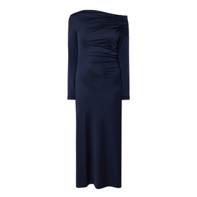 Hugo Boss dark blue one-shoulder midi dress with ruched side detail and long sleeves, in stretch viscose fabric