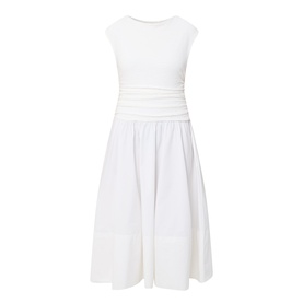 Hugo Boss white sleeveless midi dress with ruched waist detail and full cotton skirt, no model