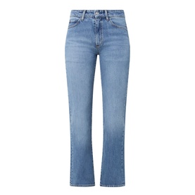 Hugo Boss medium blue straight-leg jeans with five-pocket styling, high waist, and subtle fading detail