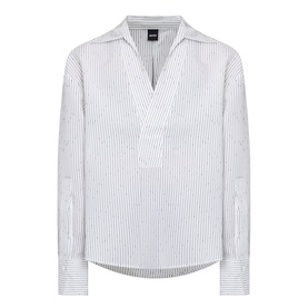 Hugo Boss Batala Stripe Open Placket Shirt in Open White with shirt collar, V-neckline, open placket, and long sleeves