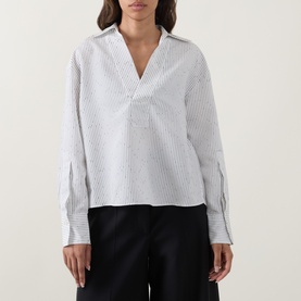 Model wearing Hugo Boss Batala Stripe Open Placket Shirt in Open White with V-neckline and shirt collar, styled with black trousers