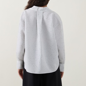 Model wearing Hugo Boss Batala Stripe Open Placket Shirt in Open White, showing back view with box pleat detail and long sleeves.