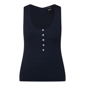 Hugo Boss Fafflesia Rib-Knit Vest in dark blue, scoop neckline, half-button placket, sleeveless, rib-knit construction