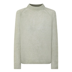 Hugo Boss Fewena Brushed Sweater in Open Green with mock neckline, rounded shoulders, long sleeves, ribbed trims, and brushed finish