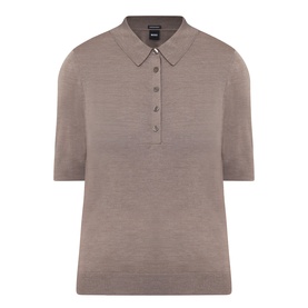 Hugo Boss Fidenka Knitted Polo Shirt in Brown Overflow, short sleeves, polo collar, half-button placket, fine-knit finish