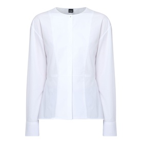 Hugo Boss Beplum Collarless Shirt in white, long sleeves with buttoned cuffs, concealed front fastening and flared hem