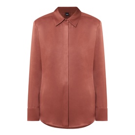 Hugo Boss rust copper viscose shirt, point collar, concealed button placket, long sleeves with buttoned cuffs, curved hem
