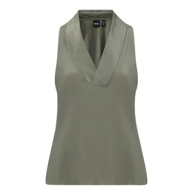 Hugo Boss Bolaru Silk Blouse in dark green, sleeveless with shawl collar V-neckline, straight hem and sand washed silk finish