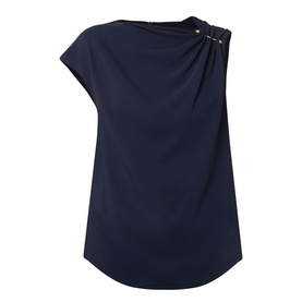 Hugo Boss Bannea Draped Top in dark blue, asymmetric neckline with gold-tone pin hardware, sleeveless with curved hem and draped finish