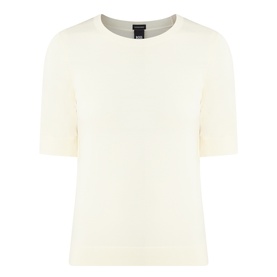 Hugo Boss Farbella Knit Top in Open Beige, crew neck, short sleeves, ribbed trims and straight hemline in knit structure