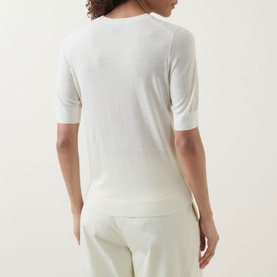 Model wearing Hugo Boss Farbella Knit Top in Open Beige, rear view, crew neck, short sleeves, ribbed trims, styled with light trousers