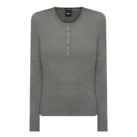 Hugo Boss dark green fine-knit wool top with henley button placket and long sleeves