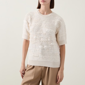Model wearing Hugo Boss Open White textured knit short-sleeve top with lace-like detail, styled with wide-leg trousers.