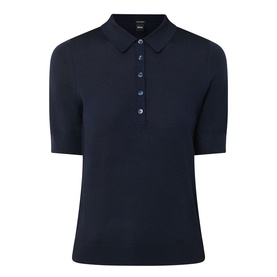 Hugo Boss dark blue virgin wool polo top with short sleeves, ribbed cuffs, and tonal button placket