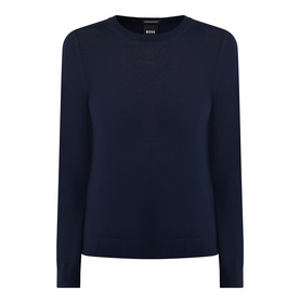 Hugo Boss dark blue 100% virgin wool crew neck jumper with long sleeves, relaxed fit