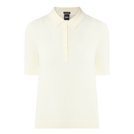 Hugo Boss open beige virgin wool polo top with short sleeves, ribbed collar and half-button placket