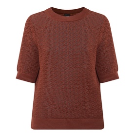Hugo Boss rust/copper cotton knit top with textured stitch pattern, short sleeves, and ribbed hem and cuffs