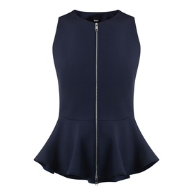 Navy blue sleeveless peplum top with front zip fastening and flared hem