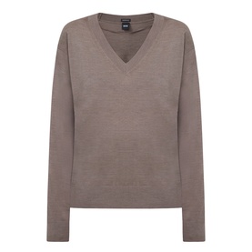 Hugo Boss Brown Overflow fine knit wool V-neck jumper with long sleeves, relaxed fit