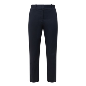 Navy tailored trousers with straight leg, belt loops, and slim cropped cut, displayed flat on white background