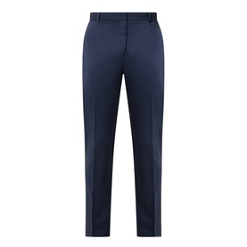 Hugo Boss Tapriah Mid-Rise Slim Leg Trousers in dark blue wool with pressed creases, belt loops, and zip fly, flat lay back view.