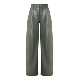 Hugo Boss dark green faux leather wide-leg trousers with high waist, front pleats, and button fastening