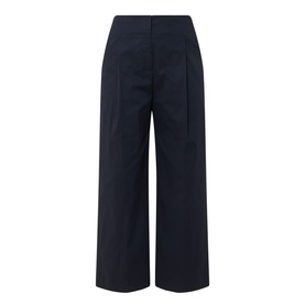 Hugo Boss dark blue wide-leg cropped trousers with front pleats, slash pockets, and zip fly, in cotton-elastane blend