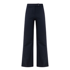 Hugo Boss Talia-Crop1 Mid-Rise Flared Trousers in dark blue with pressed creases, tab fastening, and wide flared leg silhouette.