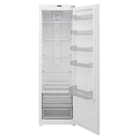 Nordmende Integrated 177cm Tall Larder Fridge in white, open door revealing multiple shelves and door storage compartments