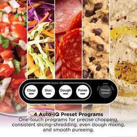 Ninja PrecisionPro Food Processor infographic showing 4 Auto-iQ preset programs: chop, disc, dough and pur&eacute;e, with food results.