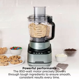 Ninja PrecisionPro Food Processor in silver, 850-watt motor, shown in kitchen setting with cookies and ingredients nearby